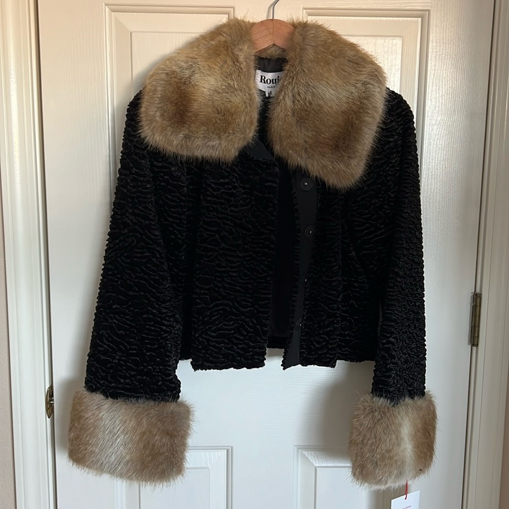 Rouje Black Coat with Faux Fur Collar Size 34